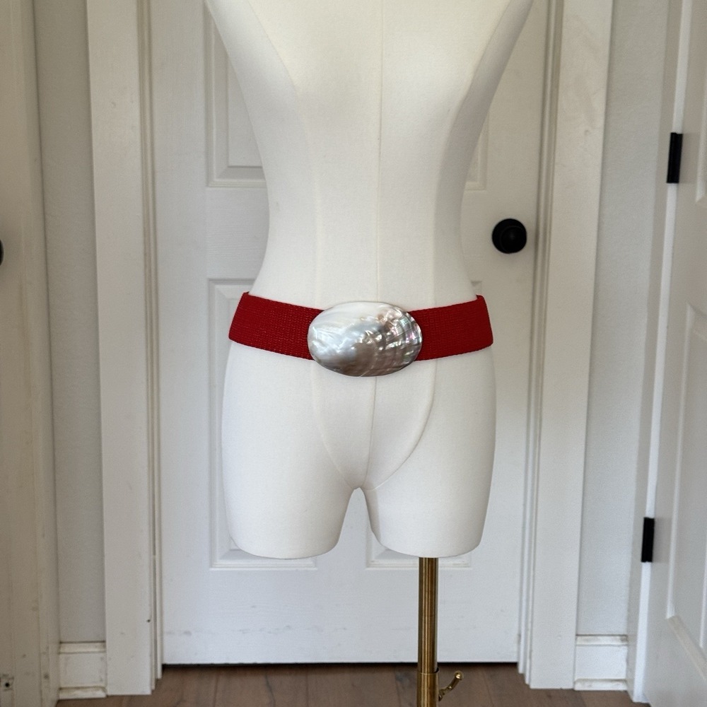 Vtg Charmant Ladies Stretch Red Belt Mother of Pearl Large Shell Buckle 80s 90s